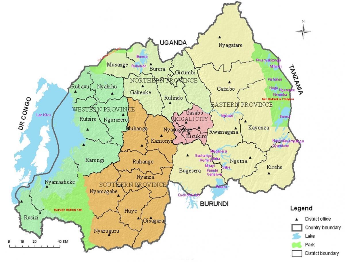 نقشہ روانڈا کے ساتھ اضلاع اور شعبوں